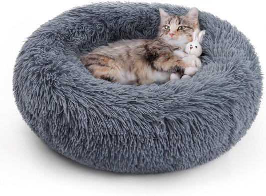 Cat Bed for Indoor Cats, Fluffy round Self Warming Calming Soft Plush Donut Cuddler Cushion Pet Bed for Small Dogs Kittens, 20 Inches